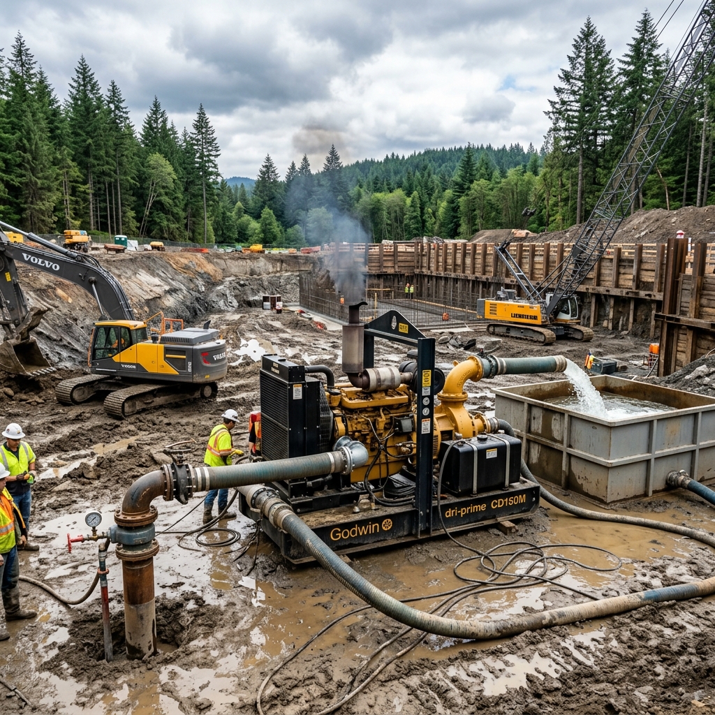 Dewatering site operation showing pumps