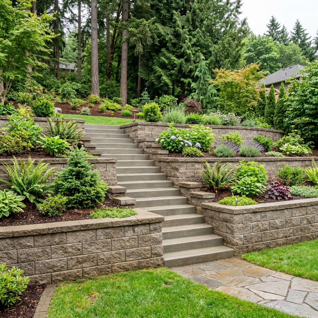 Concrete stairs built directly into a residential block retaining wall structure